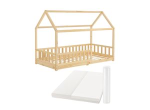 4260565527732 - Kinderbett Marli 90 x 200 cm mit Matratze Rausfallschutz Lattenrost & Dach - Massivholz Hausbett für Kinder - Bett in Natur - Juskys