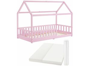 4260565527749 - Kinderbett Marli 90 x 200 cm mit Matratze Rausfallschutz Lattenrost & Dach - Massivholz Hausbett für Kinder - Bett in Rosa - Juskys