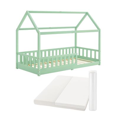 4260565527756 - Kinderbett Marli 90 x 200 cm mit Matratze Rausfallschutz Lattenrost & Dach - Massivholz Hausbett für Kinder - Bett in Mint - Juskys