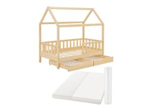 4260565527770 - Kinderbett Marli 90 x 200 cm mit Matratze Bettkasten Rausfallschutz Lattenrost & Dach - Massivholz Hausbett für Kinder - Bett in Natur - Juskys