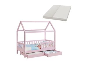 4260565527787 - Kinderbett Marli 90 x 200 cm mit Matratze Bettkasten Rausfallschutz Lattenrost & Dach - Massivholz Hausbett für Kinder - Bett in Rosa - Juskys