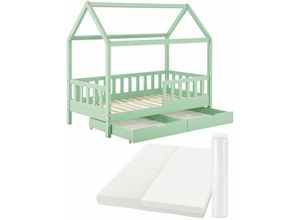 4260565527794 - Kinderbett Marli 90 x 200 cm mit Matratze Bettkasten Rausfallschutz Lattenrost & Dach - Massivholz Hausbett für Kinder - Bett in Mint