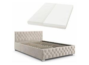 4260565528494 - Polsterbett Nizza 180x200 cm mit Matratze - Bettgestell mit Lattenrost Stauraum & led Beleuchtung – Samtbezug Chesterfield-Steppung - Beige - Juskys