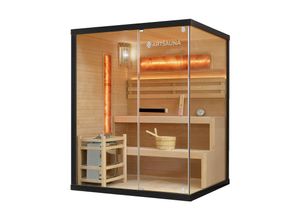 4260565529552 - Saunakabine Vantaa 150 mit Salzstein - Indoor Sauna 3 Personen - 45kW Ofen Glasfront led Licht Thermometer & Sanduhr - Komplett Set - Artsauna