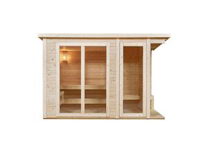 4260565529590 - Outdoor Sauna Varberg mit Ofen & Zubehör - Fichtenholz Gartensauna - komplett Set Outdoorsauna Garten - 320 x 180 cm - 4 Personen - 8 kW - Artsauna