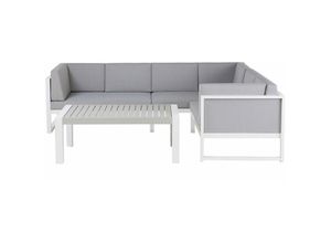 4260580925025 - Beliani - 6-Sitzer Lounge Set Weiß und Grau Aluminium 2-Teilig mit Grauen Auflagen Latten-Optik Modern Skandi Terrasse Outdoor Gartenset Loungemöbel