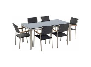 4260580927968 - Beliani - Gartenmöbel Set Schwarz Sicherheitsglas Edelstahl Tisch 180 cm 6 Rattanstühle Terrasse Outdoor Modern - Schwarz