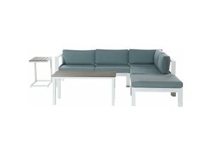 4260580929177 - Lounge Set Weiß Aluminium und Kunstholz mit Auflagen Mintgrün Stoff Skandi Modern 5-Sitzer Ecksofa Ottomane und 2 Couchtische Terrasse Garten Möbel