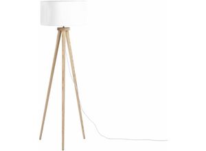 4260580930883 - Beliani - Stehlampe Weiß Holz 140 cm Dreibeinig runder Stoffschirm langes Kabel mit Schalter Modernes Design - Heller Holzfarbton