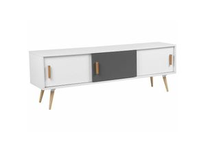 4260586350821 - Sideboard Weiß Grau mdf Platte Buchenholz 55 x 160 x 40 cm Modern 3 Schränke Glamourös tv Möbel Lowboard Dekorativ Multifunktional Wohnzimmer