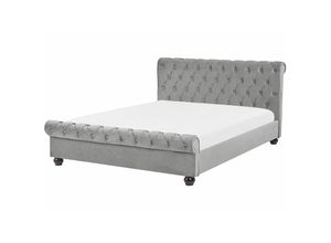 4260586353358 - Beliani - Bett Polsterbett Grau 160 x 200 cm Samtstoff Doppelbett Stilvolle Versteppung Hohe Kopfteil Geschwungene Formgebung Chesterfield