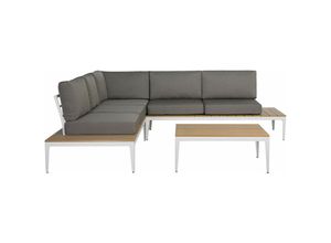 4260586354492 - Beliani - Lounge Set Weiß  Grau Kunstholz Aluminium 5-Sitzer inkl Auflagen Modern Terrasse Outdoor - Heller Holzfarbton