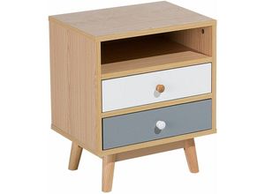 4260586354836 - Beliani - Nachttisch Heller Holzfarbton Weiß Grau Spanplatte mdf Platte Gummibaumholz Kiefernholz 47x40x30 cm Modern 2 Schubladen 1 Fach Schlafzimmer