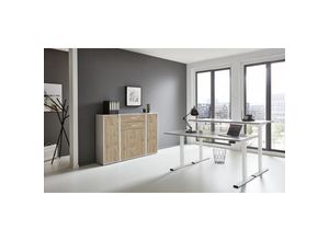 4260593580693 - Büromöbel-Set e-Office Edition Set 16 Schreibtisch höhenverstellbar 138 cm grau  gold harbor oak - Grau - Bmg Möbel