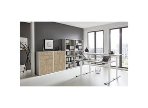 4260593581133 - BMG Möbel Büromöbel-Set e-Office Edition Set 21 Schreibtisch höhenverstellbar 138 cm grau  gold harbor oak - Grau