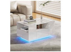 4260595754313 - Led Couchtisch   Design Wohnzimmertisch mit Ablagefach und Schubladen - Weiß Hochglanz - Makika