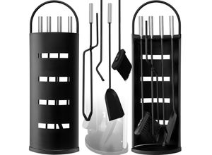 4260598879860 - KESSER® Kaminzubehör 5-teiliges Kaminbesteck Set – Modern Design beschichtet Hochwertige Kamingarnitur aus 5 Teilen Besen Schaufel Schürhaken Zange Ständer mit Sichtschutz Edelstahl