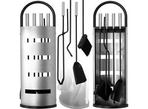 4260598879877 - KESSER® Kaminzubehör 5-teiliges Kaminbesteck Set – Modern Design beschichtet Hochwertige Kamingarnitur aus 5 Teilen Besen Schaufel Schürhaken Zange Ständer mit Sichtschutz Edelstahl