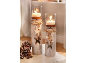 4260600842837 - Dekoleidenschaft - 2x Windlichtsäule Stern aus Holz & Glas 30 + 35 cm hoch im Shabby Look Teelichthalter Adventsdeko Holzsäule mit Kerzenglas