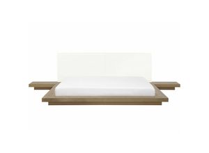 4260602372943 - Beliani - Bett Weiß   Hellbraun Kunstleder und MDF-Platten Holzoptik mit Lattenrost 180x200 cm 2 Nachttische Japanischer Stil Schlafzimmer Doppelbett