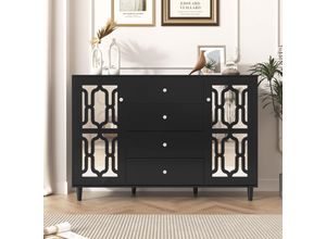 4260612237225 - Sideboard mit Spiegelelementen und geometrischem Trellis-Muster Kommode mit vier Schubladen und Spiegelfront Anrichte B H T148 102 40cmSchwarz