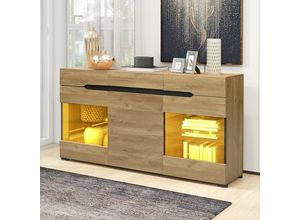 4260612238864 - Sideboard Wildeiche Farbe mit led Anrichte mit Glasablage Kommde mit 3 Schubladen und 6 Fächern b h t 140 80 35cm - Merax