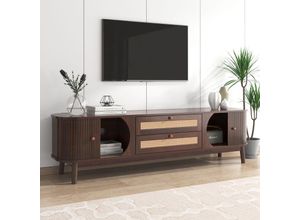 4260612239847 - Lowboard mit 2 Schubladen und 2 Bogenschiebetüren TV-Schrank mit Rattan-Geflecht TV-Board mit Massivholzbeine Breite 170cmNatur - Merax