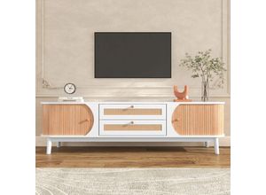 4260612239854 - Lowboard mit 2 Schubladen und 2 Bogenschiebetüren TV-Schrank mit Rattan-Geflecht TV-Board mit Massivholzbeine Breite 170cm Weiß - Merax