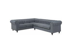 4260624111186 - Ecksofa Hellgrau Polsterbezug L-Förmig Rechtsseitig Chesterfield Stil Glamourös Wohnzimmer - Dunkler Holzfarbton