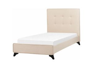 4260624119816 - Polsterbett Beige Stoffbezug Leinenoptik mit Lattenrost 90x200 cm Hohes Kopfteil Gesteppt Holzbeine Modern Schlafzimmer Einzelbett Jugendbett