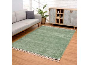 4260629139284 - Hochflor-Teppich CARPET CITY Pulpy 100 Teppiche Gr B L 300 cm x 400 cm 30 mm 1 St grün Fransenteppich Esszimmerteppiche sehr weich mit Fransen uni viele Größen Wohnzimmer Schafzimmer