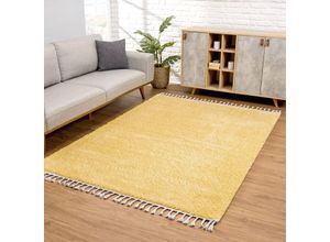 4260629139420 - Hochflor-Teppich CARPET CITY Pulpy 100 Teppiche Gr B L 300 cm x 400 cm 30 mm 1 St gelb Fransenteppich Esszimmerteppiche sehr weich mit Fransen uni viele Größen Wohnzimmer Schafzimmer