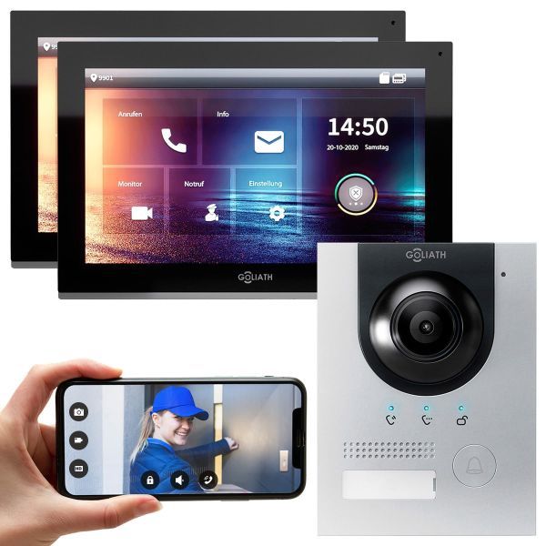 4260642058739 - GOLIATH IP Video Türsprechanlage Unterputz Set für 1 Familienhaus Silber 2x 10 Monitor Schwarz