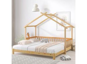 4260647130201 - Kinderbett 90x200cm 180x200cm Ausziehbett Hausbett mit Rausfallschutz und Dachform Massivholz Einzel- und Doppelbett Kinderhaus Natur - Merax