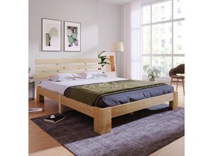 4260647131598 - Doppelbett 140x200cm Funktionsbett mit Kopfteil und Lattenrost Kiefer Massivholz Bett Balkenbett Bettgestell Bettrahmen Holzbett Natur - Merax