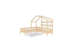 4260647135183 - Kinderbett 90x200cm 140x70cm Hausbett mit Schubladen und Regalen Massivholz Spielbett mit Zaun und Lattenrost Natur - Merax