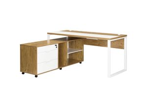 4260656983362 - B&D home Schreibtisch Set Svea Set mit Bürotisch Rollcantainer für Büro Arbeitszimmer Jugendzimmer modern Industrial Design 160cm Wildeiche Optik