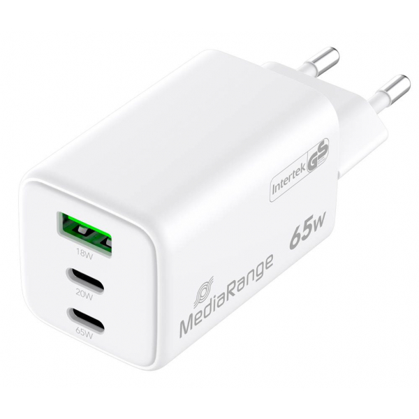 4260664878452 - MediaRange Quick Charge Schnellladeadapter 65 W Eurostecker 2x USB-C und 1x USB-A weiß