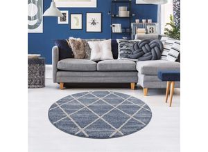 4260679089485 - Teppich CARPET CITY Art 2646 Teppiche Gr Ø 200 cm 7 mm 1 St blau Esszimmerteppiche Kurzflor Rauten-Optik ideal für Flur & Diele