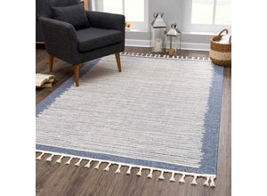 4260679089508 - Teppich CARPET CITY Art 2231 Teppiche Gr B L 160 cm x 230 cm 7 mm 1 St blau Fransenteppich Esszimmerteppiche Kurzflor mit Kettfäden Streifen-Muster