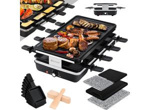 4260692715309 - KESSER® Gourmet-Set mit natürlicher Grillplatte | Gourmet-Set für 8 Personen elektrischer Grill Raclette mit Antihaftbeschichtung 8 Pfännchen und Holzspatel - Schwarz 1200W