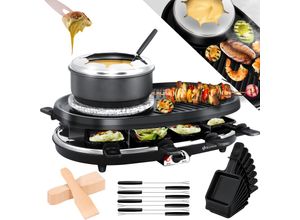 4260692715347 - KESSER® 3in1 Raclette-Grill mit Naturgrillstein Grillplatte und Fondue Tischgrill für 8 Personen Elektrogrill Raclette Grill antihaftbeschichteter Grillplatte 8 Pfannen und Holzspatel