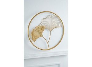 4260693429496 - Dekoleidenschaft - 3D Wandbild Ginkgo aus Metall in gold 2 Blätter in rundem Rahmen Wanddeko