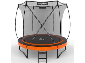 4260694830802 - KINETIC SPORTS Premium Outdoor Trampolin Ultimate Pro für Kinder und Erwachsene Ø 244 305 366 427 cm – TÜV Rheinland geprüft Kürbis-Design AirMAXX Sprungtuch mit Leiter Fieberglas bis zu 160 kg Ø 244 cm Max 120 kg Sunset Orange