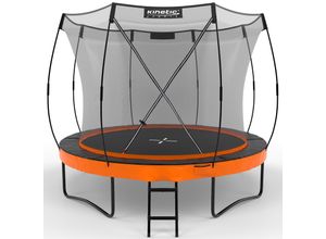 4260694830819 - KINETIC SPORTS Premium Outdoor Trampolin Ultimate Pro für Kinder und Erwachsene Ø 244 305 366 427 cm – TÜV Rheinland geprüft Kürbis-Design AirMAXX Sprungtuch mit Leiter Fieberglas bis zu 160 kg Ø 305 cm Max 150 kg Sunset Orange