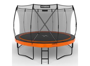 4260694830826 - KINETIC SPORTS Premium Outdoor Trampolin Ultimate Pro für Kinder und Erwachsene Ø 244 305 366 427 cm – TÜV Rheinland geprüft Kürbis-Design AirMAXX Sprungtuch mit Leiter Fieberglas bis zu 160 kg Ø 366 cm Max 160 kg Sunset Orange