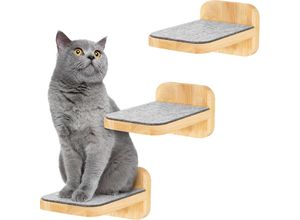 4260694832226 - HAPPYPET Katzentreppen 3er-Set für Wandmontage - Nachhaltiges Hartholz Designer Kletterwand Katzen Katzentreppe mit Filzbezug Katzenleiter Katzenwand zum Klettern Catwalk Größe M 22 x 15 cm Natur 3x Stufen M