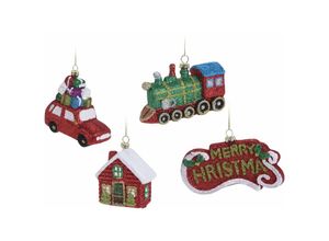 4260700658581 - Spetebo - Glitzer Christbaum Schmuck 4er Set - Winterdorf - Auto Zug Haus Merry Christmas Schild - Weihnachtsbaum Deko Kugeln