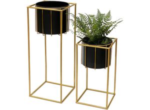 4260700960356 - Dandibo - Blumenhocker mit Topf Metall Gold Schwarz Eckig 2er Set Blumenständer 96035 Blumensäule Modern Pflanzenständer Pflanzenhocker