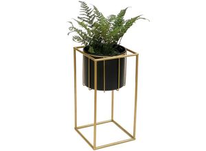 4260700960370 - Blumenhocker mit Topf Metall Gold Schwarz Eckig S 45 cm Blumenständer 96035 Blumensäule Modern Pflanzenständer Pflanzenhocker